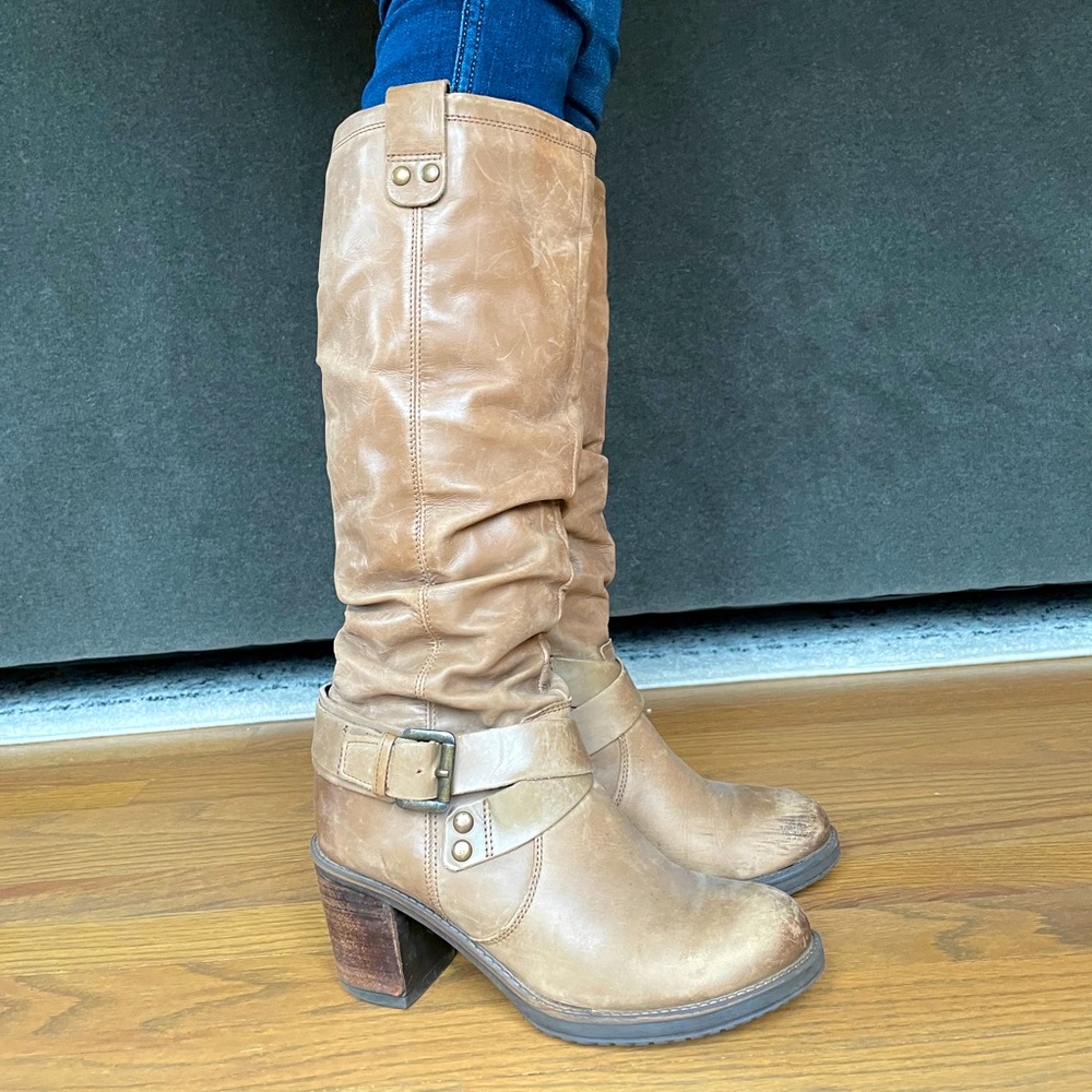 Mid calf distressed leather boots